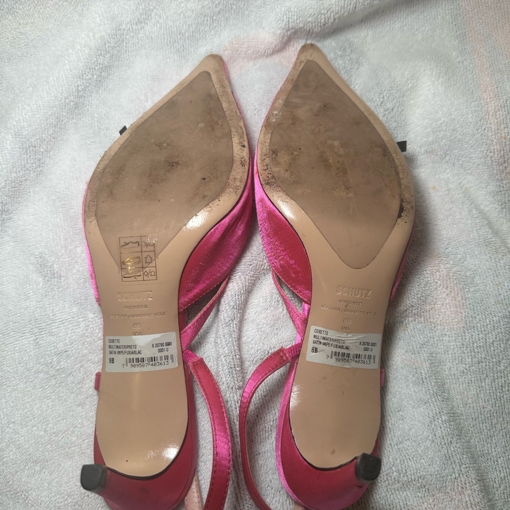 SCHUTZ Cosette Fuchsia Satin Slingback Pointed Toe Heel Sandals Black Bow Size 8 - Picture 6 of 7